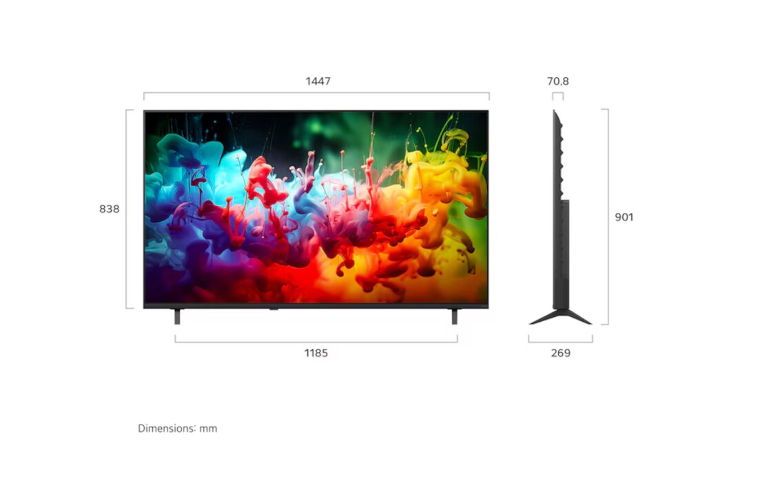 LG 65-инчов LG QNED AI QNED70 Mini LED 4K Smart TV 2026, LG QNED AI QNED70 Mini LED, показан отпред и отстрани, се отличава с 65-инчов дисплей с ширина 1890 mm, височина 1088 mm, височина 1148 mm със стойка, дълбочина на профила 72,4 mm и площ на стойката 1, 65QNED70B3C, thumbnail 2